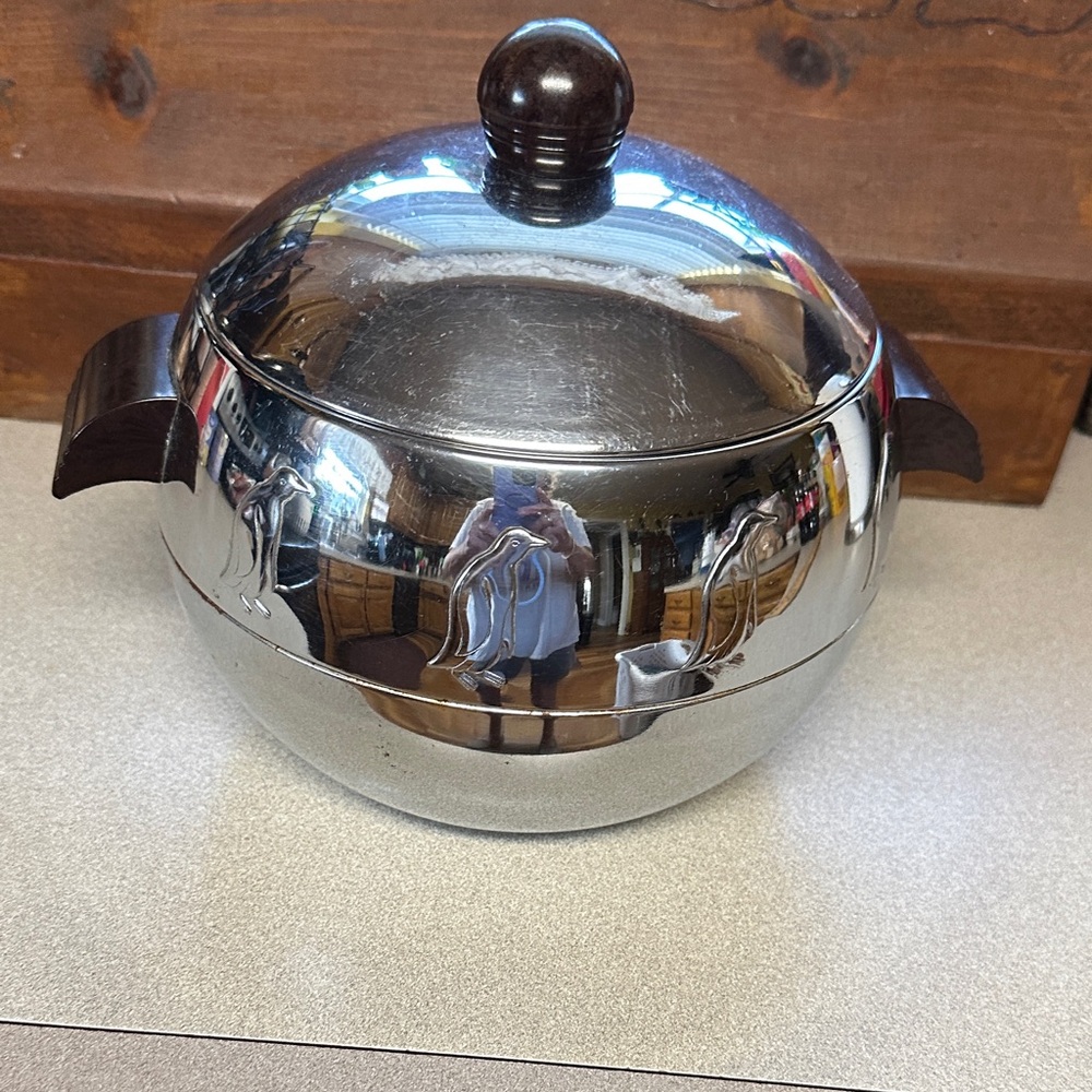Stainless Steel Soup Tureen with Dark Wood Accents
